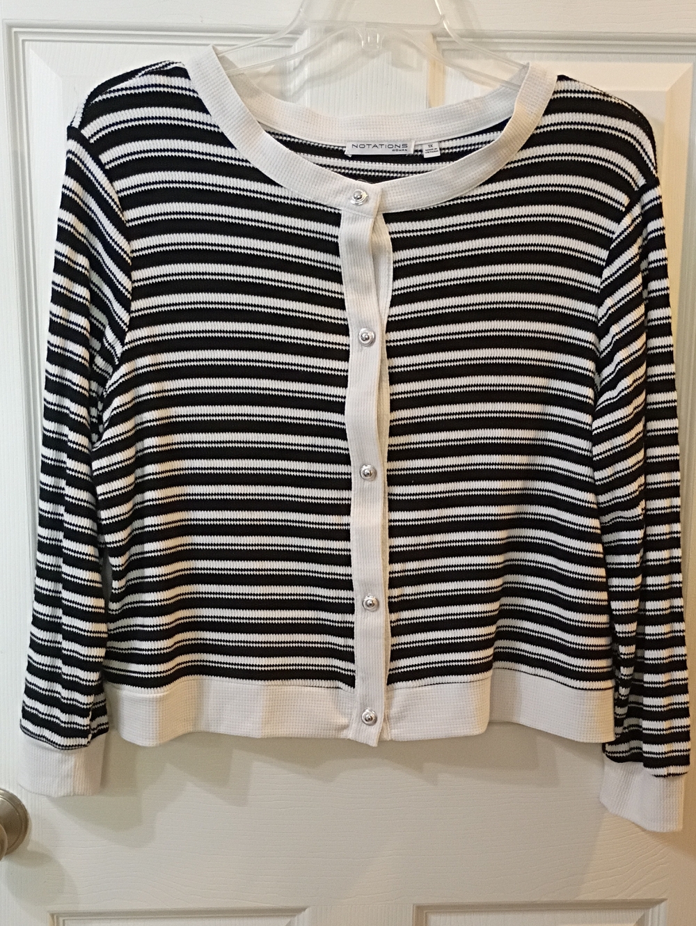 Notations Black & White Striped Button-Front Knit Cardigan